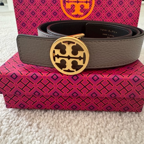 Tory Burch Gray Leather Belt with Gold Buckle - Picture 1 of 9